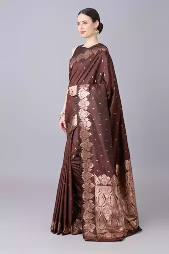Brown color silk blend zari woven work saree