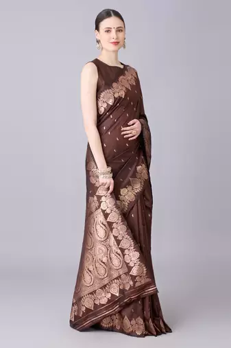 Brown color silk blend zari woven work saree