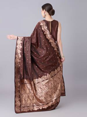 Brown color silk blend zari woven work saree 4