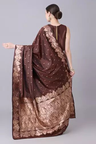 Brown color silk blend zari woven work saree