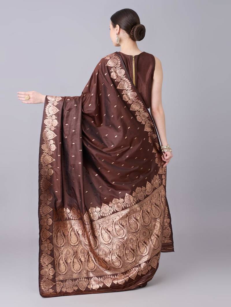 Brown color silk blend zari woven work saree