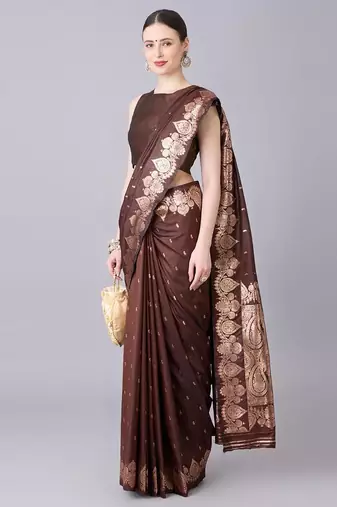Brown color silk blend zari woven work saree
