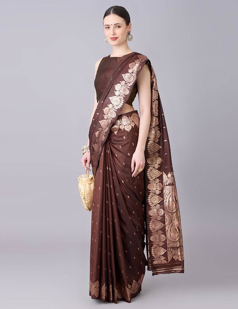 Brown color silk blend zari woven work saree