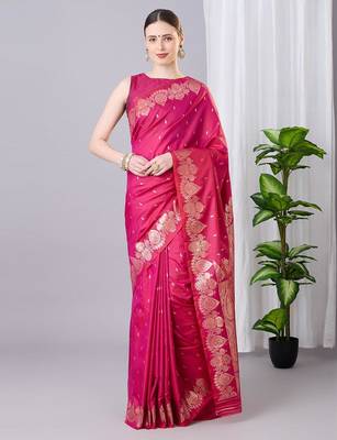Rani pink color silk blend zari woven work saree 1