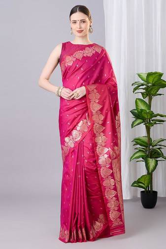 Rani pink color silk blend zari woven work saree