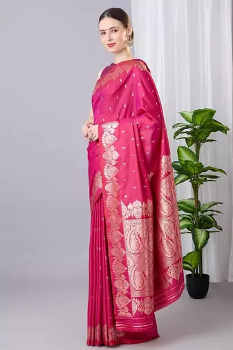 Rani pink color silk blend zari woven work saree
