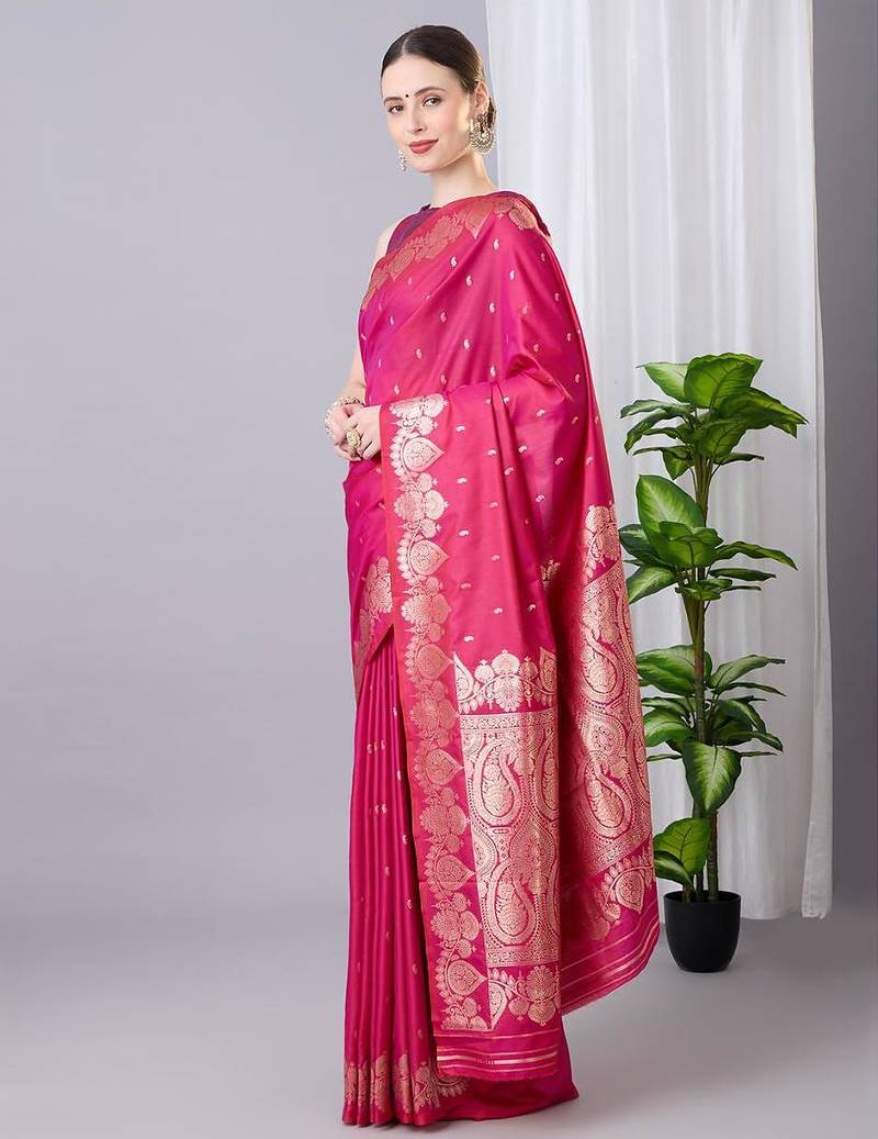 Rani pink color silk blend zari woven work saree
