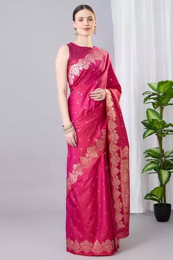 Rani pink color silk blend zari woven work saree