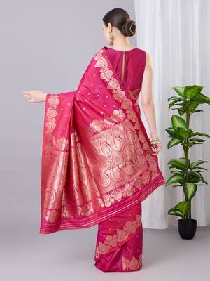 Rani pink color silk blend zari woven work saree 4