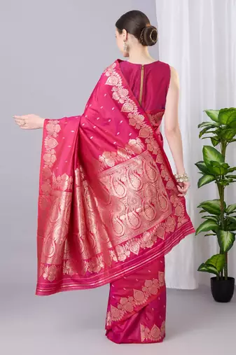 Rani pink color silk blend zari woven work saree