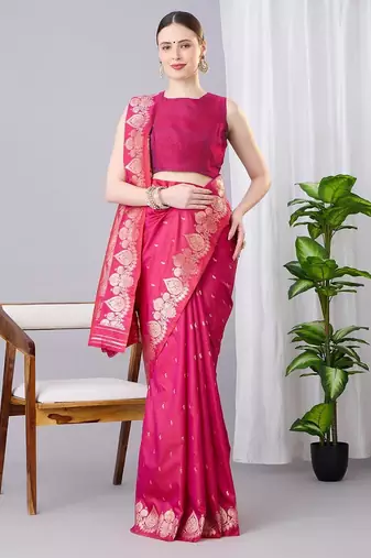 Rani pink color silk blend zari woven work saree