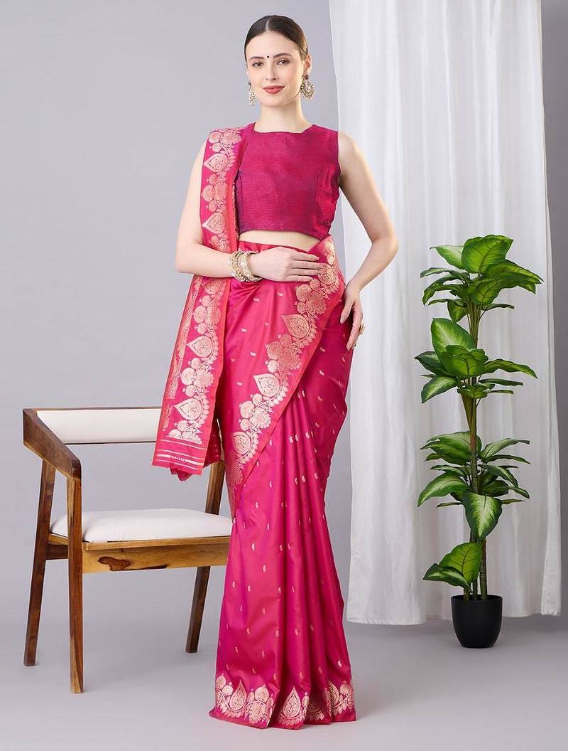 Rani pink color silk blend zari woven work saree