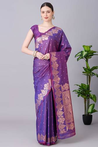Purple color silk blend zari woven work saree