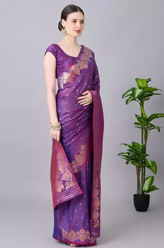Purple color silk blend zari woven work saree