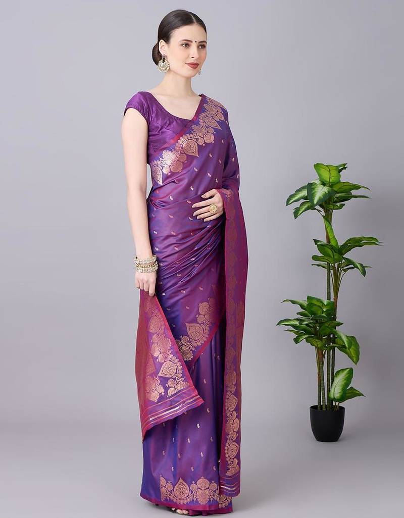 Purple color silk blend zari woven work saree