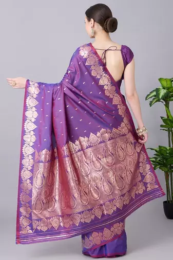 Purple color silk blend zari woven work saree