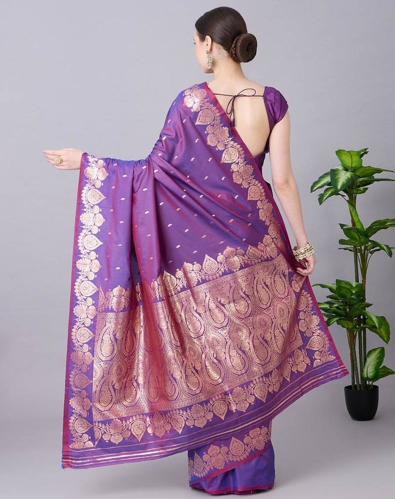 Purple color silk blend zari woven work saree