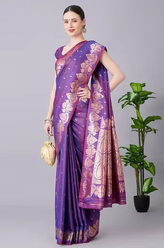 Purple color silk blend zari woven work saree