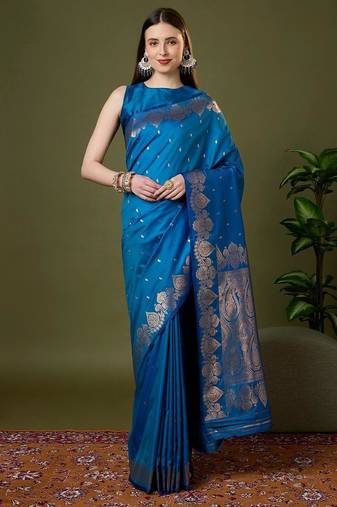 Sky blue color silk blend zari woven work saree