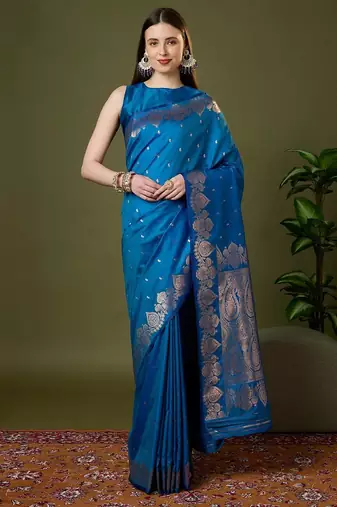 Sky blue color silk blend zari woven work saree