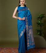 Sky blue color silk blend zari woven work saree