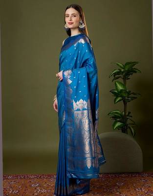 Sky blue color silk blend zari woven work saree 2