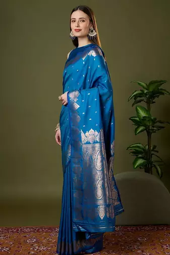 Sky blue color silk blend zari woven work saree