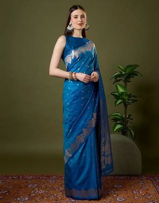 Sky blue color silk blend zari woven work saree 3