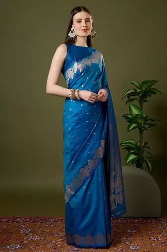 Sky blue color silk blend zari woven work saree