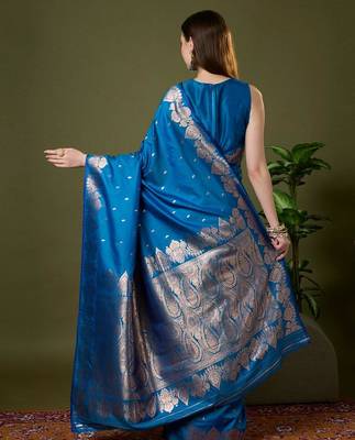Sky blue color silk blend zari woven work saree 4