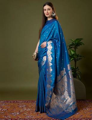 Sky blue color silk blend zari woven work saree 5