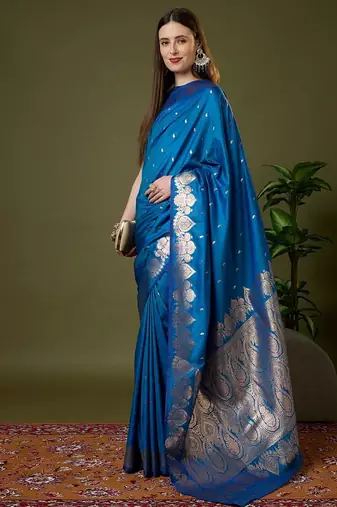 Sky blue color silk blend zari woven work saree