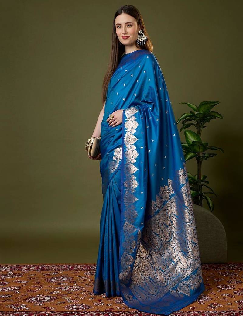 Sky blue color silk blend zari woven work saree