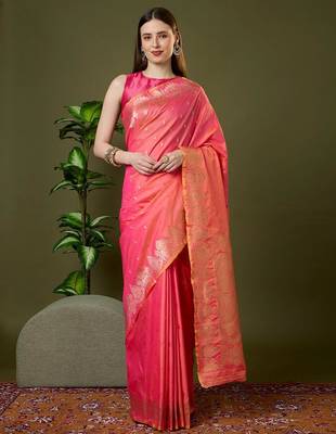 Pink color silk blend zari woven work saree 1