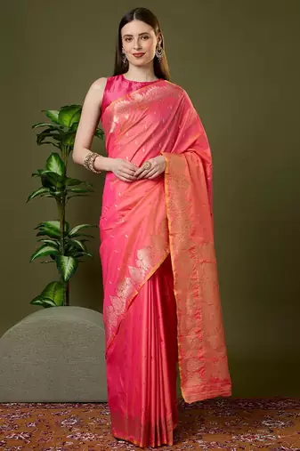 Pink color silk blend zari woven work saree