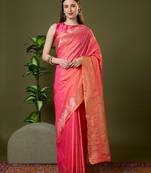 Pink color silk blend zari woven work saree