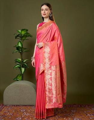 Pink color silk blend zari woven work saree 2