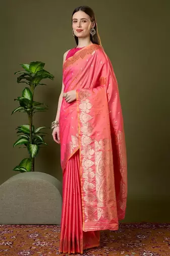 Pink color silk blend zari woven work saree