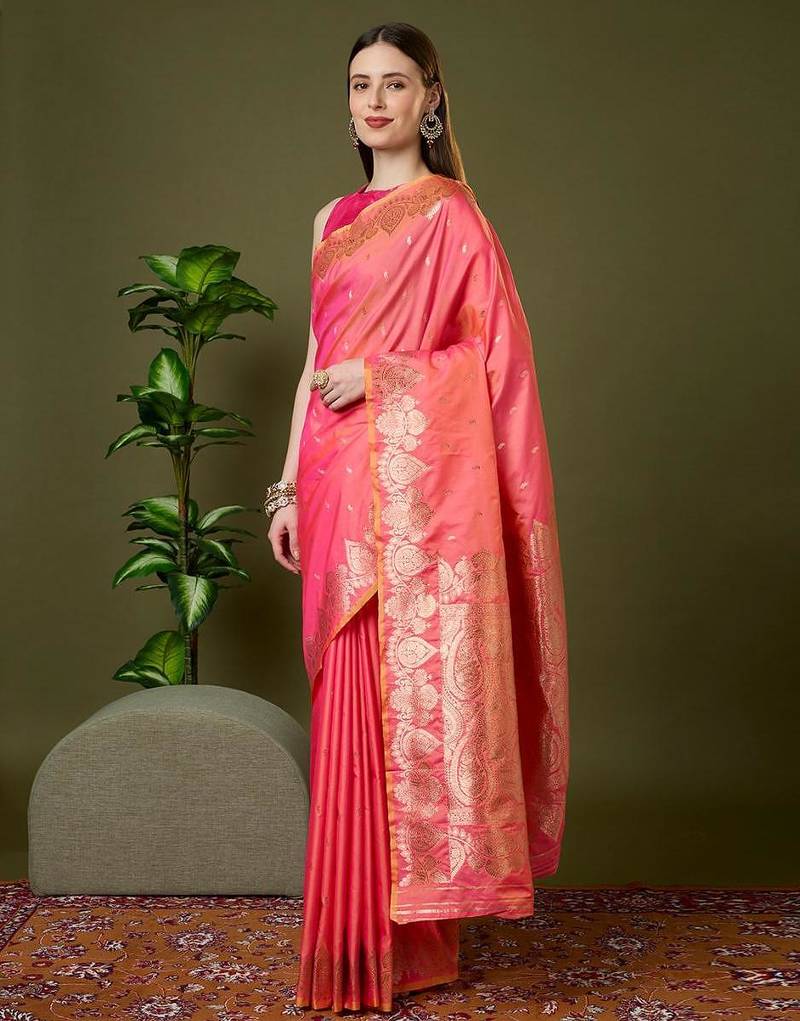 Pink color silk blend zari woven work saree