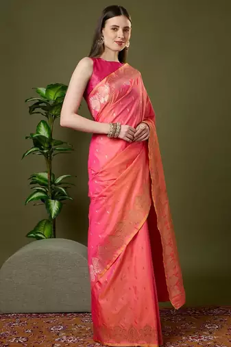 Pink color silk blend zari woven work saree