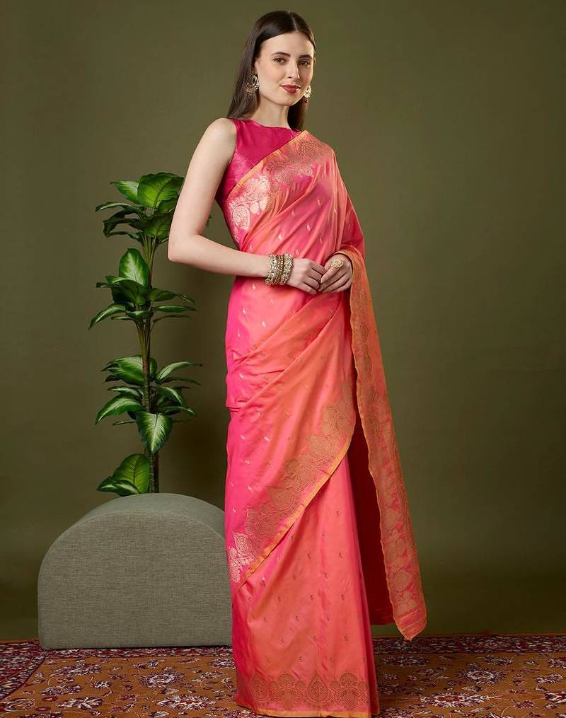 Pink color silk blend zari woven work saree