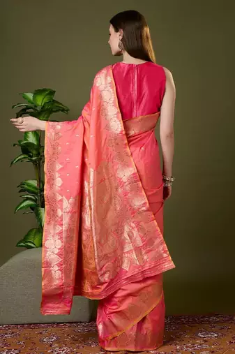 Pink color silk blend zari woven work saree