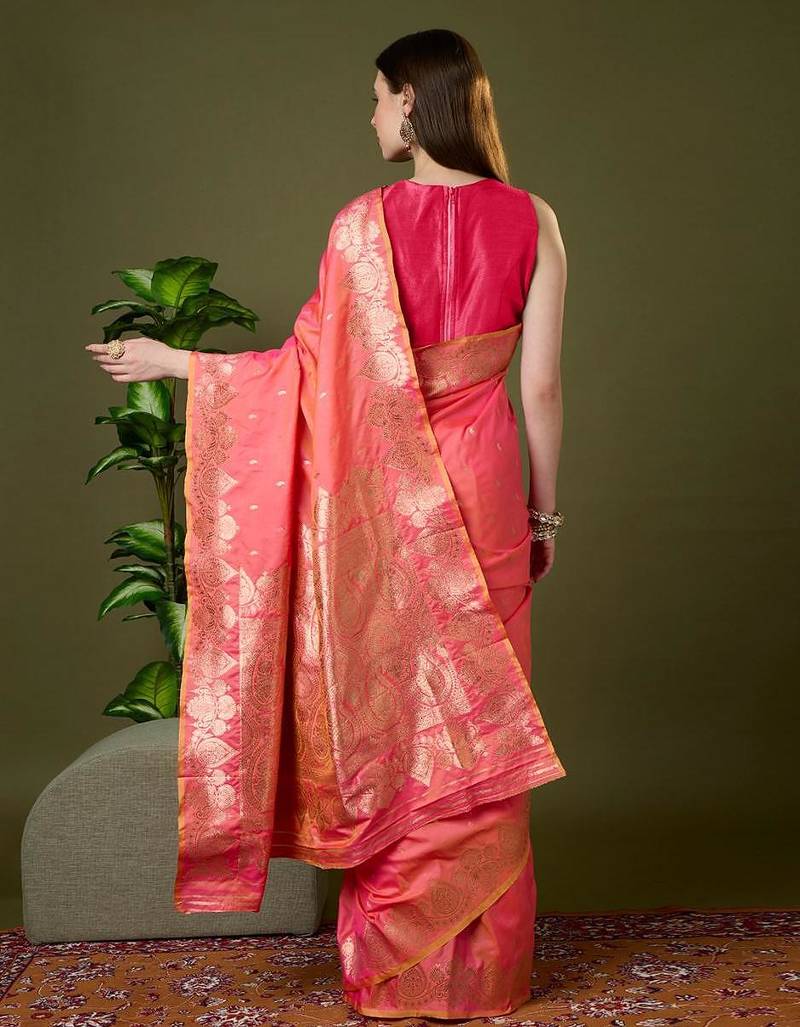 Pink color silk blend zari woven work saree
