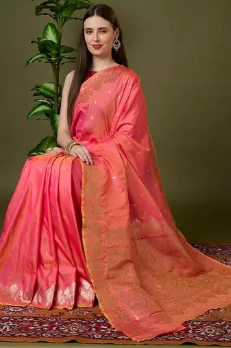 Pink color silk blend zari woven work saree