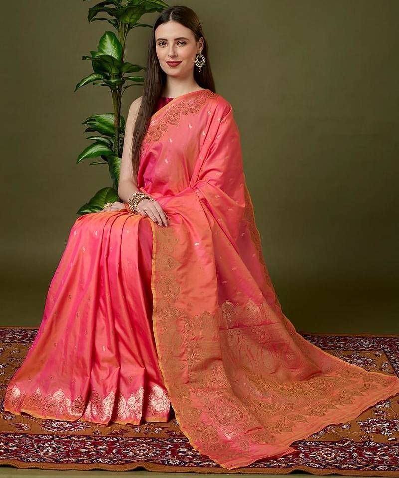 Pink color silk blend zari woven work saree