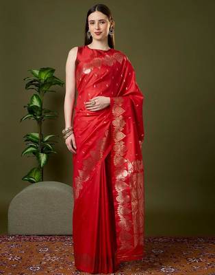 Red color silk blend zari woven work saree 1