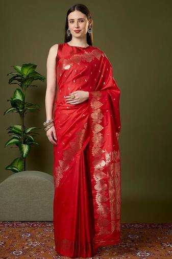 Red color silk blend zari woven work saree