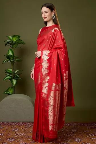 Red color silk blend zari woven work saree