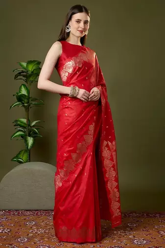 Red color silk blend zari woven work saree