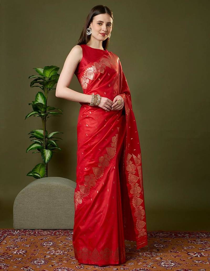 Red color silk blend zari woven work saree